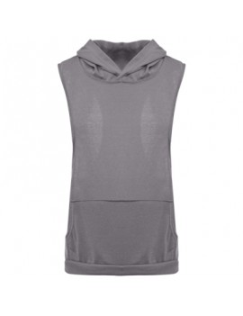 Hooded Sleeveless Front Pocket Solid Color Men T-Shirt